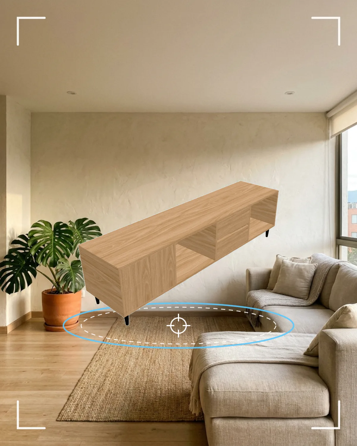 Escritorio Tecu diseñado en 3D desde el celular y colocado en una sala real